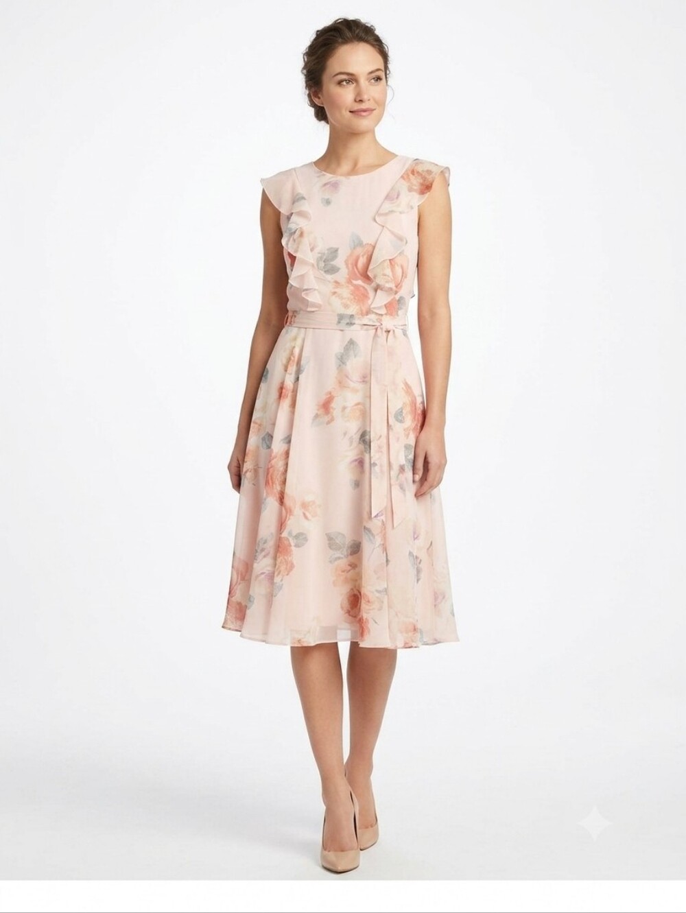 NWT ✨ Suzy Shier Blush Floral Ruffled Dress With Belt Size M